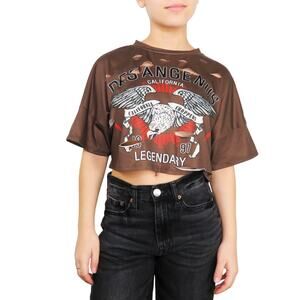 Shein Bikercore California Chopper Brown Destroyed Cut Out Graphic Crop Top XS